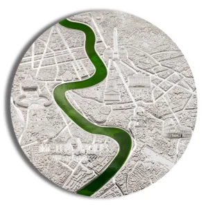 Aerial view of a city map featuring a winding green river, surrounded by a detailed layout of streets and buildings.