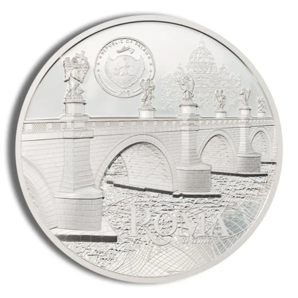 Silver coin featuring a detailed relief of a Roman bridge, adorned with angel sculptures, and the iconic St. Peter's Basilica in the background. The coin is issued by the Republic of Palau and is valued at 20 dollars.