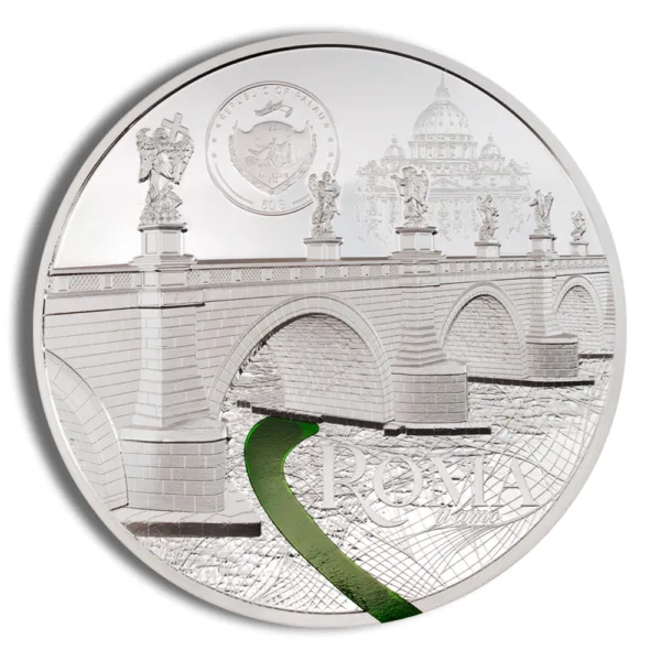 Silver coin featuring a detailed depiction of a historic bridge with statues, a river flowing beneath, and intricate designs on the surface, symbolizing architectural beauty and cultural heritage.