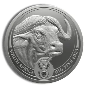 Silver coin featuring a detailed depiction of a buffalo, part of South Africa's Big Five series, dated 2023.