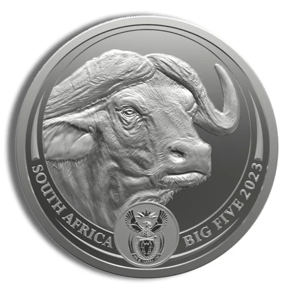 Silver coin featuring a detailed depiction of a buffalo, part of South Africa's Big Five series, dated 2023.