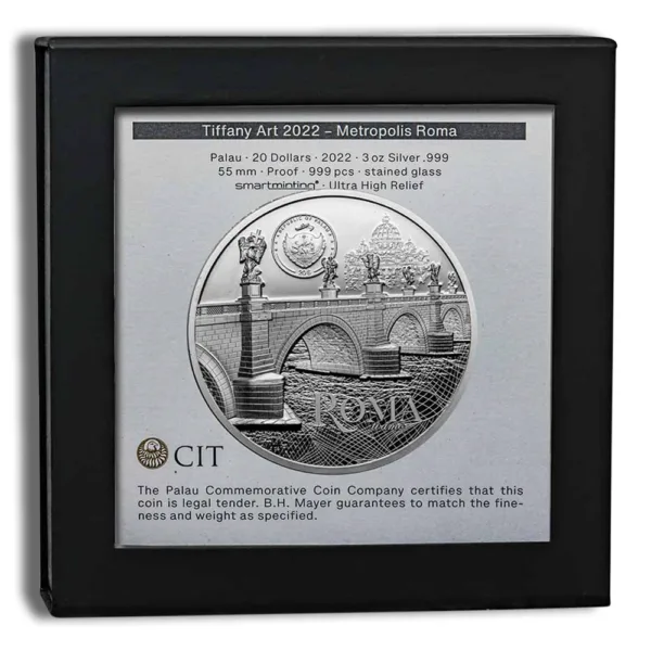 Silver commemorative coin displayed in a black frame, featuring intricate designs and inscriptions, produced by CIT. Ideal for collectors and enthusiasts of numismatics.