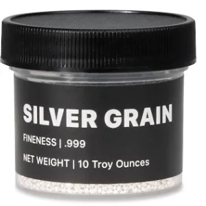 Container of silver grain with a black lid, labeled with "SILVER GRAIN," indicating a fineness of .999 and a net weight of 10 troy ounces. Ideal for precious metal investors and jewelers.