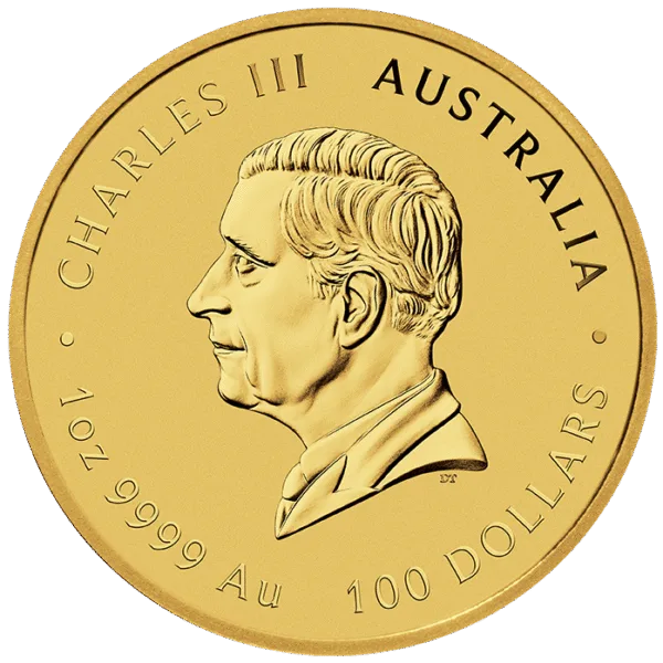 Gold coin featuring a profile of Charles III, inscribed with "Australia," "1 oz 9999 Au," and "100 Dollars," symbolizing Australian currency and commemorating the new monarch.
