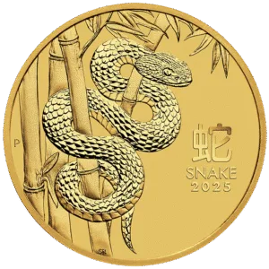 Gold coin featuring a detailed snake design, symbolizing the Year of the Snake in the Chinese zodiac, with the year 2025 inscribed.