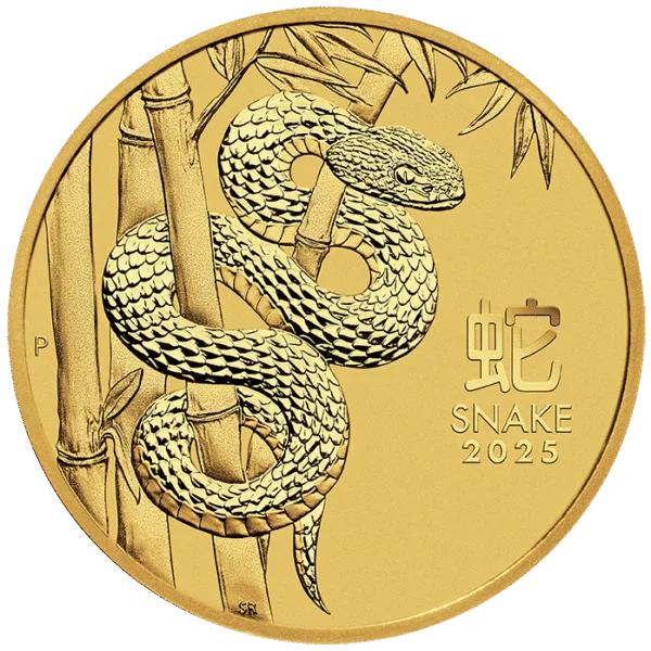 Gold coin featuring a detailed snake design, symbolizing the Year of the Snake in the Chinese zodiac, with the year 2025 inscribed.