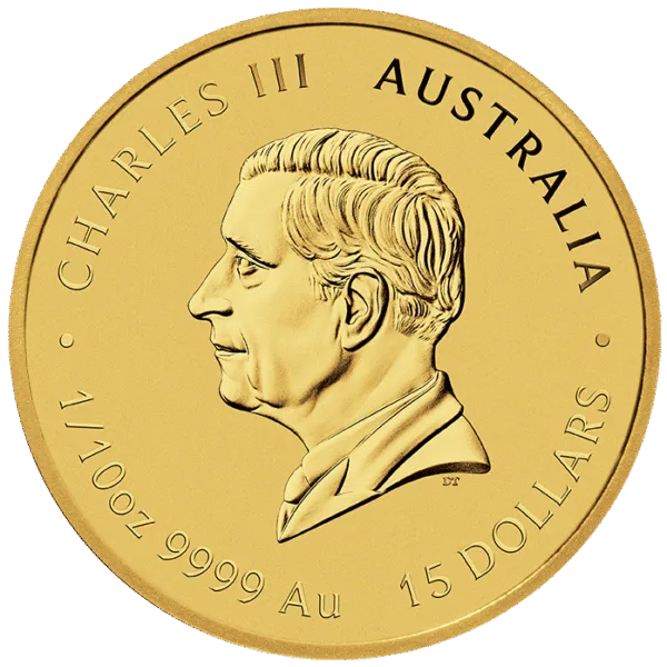 Gold coin featuring the profile of Charles III, inscribed with "Australia," "1/30oz 9999 Au," and "15 Dollars," symbolizing Australian currency and precious metal investment.