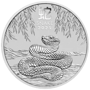 Silver coin featuring a detailed engraving of a snake, symbolizing the Year of the Snake, with the year 2023 and decorative elements in the background.