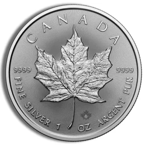 Silver Canadian Maple Leaf coin featuring a detailed maple leaf design, inscribed with "CANADA," "FINE SILVER," "1 OZ," and the year of minting, representing high-quality silver bullion.