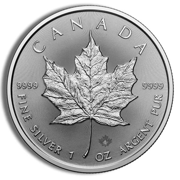 Silver Canadian Maple Leaf coin featuring a detailed maple leaf design, inscribed with "CANADA," "FINE SILVER," "1 OZ," and the year of minting, representing high-quality silver bullion.