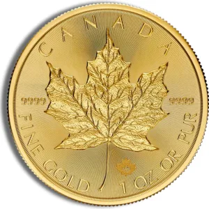 Gold Canadian Maple Leaf coin featuring a detailed maple leaf design, symbolizing Canada, with inscriptions indicating its purity of 9999 fine gold and weight of 1 ounce.