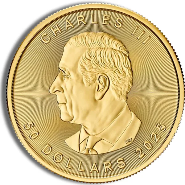 Gold coin featuring the profile of King Charles III, inscribed with "50 DOLLARS 2023." Ideal for collectors and enthusiasts of numismatics.