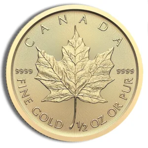Gold Canadian Maple Leaf coin featuring a detailed maple leaf design, marked with "CANADA," "FINE GOLD," and "1/2 OZ OR PUR," indicating its purity and weight.