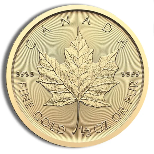 Gold Canadian Maple Leaf coin featuring a detailed maple leaf design, marked with "CANADA," "FINE GOLD," and "1/2 OZ OR PUR," indicating its purity and weight.