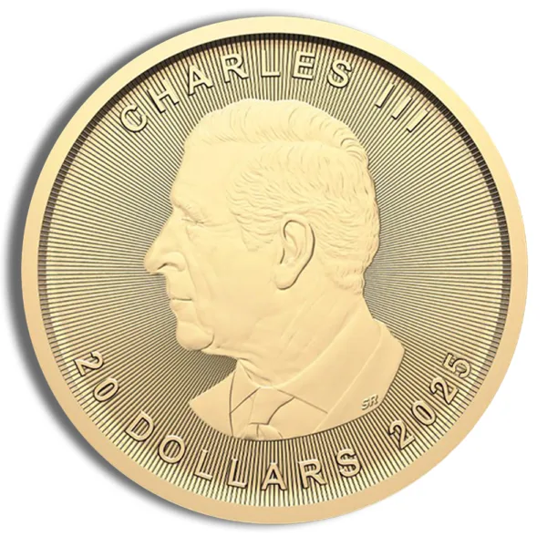 Gold coin featuring a profile of Charles III, marked with "20 DOLLARS 2023" for commemorative and collectible purposes.