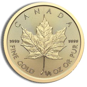 Canadian gold coin featuring a maple leaf design, marked with "Fine Gold" and "1/4 oz or PUR," symbolizing Canada's national identity and precious metal value.