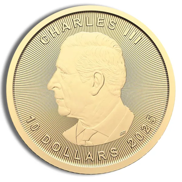 Gold coin featuring the profile of King Charles III, marked with "10 DOLLARS" and the year "2023." Ideal for collectors and numismatics.