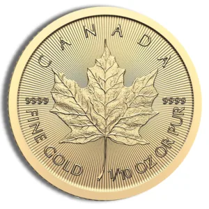 Gold Canadian Maple Leaf coin featuring a maple leaf design, marked with "Canada," "Fine Gold," and "1/10 oz or 3.11 g," indicating a purity of 9999. Ideal for collectors and investors in precious metals.