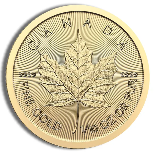 Gold Canadian Maple Leaf coin featuring a maple leaf design, marked with "Canada," "Fine Gold," and "1/10 oz or 3.11 g," indicating a purity of 9999. Ideal for collectors and investors in precious metals.