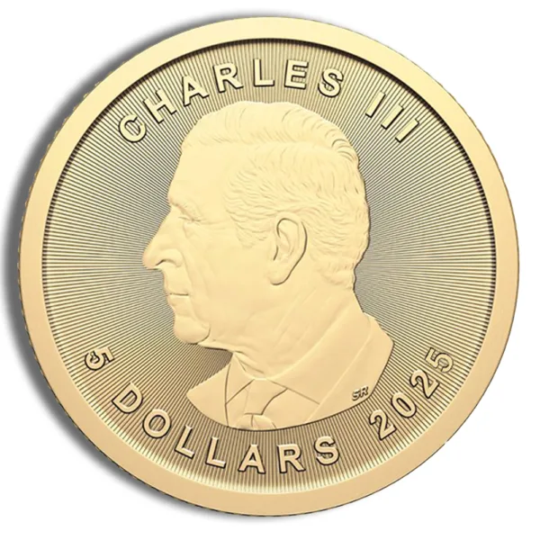 Gold coin featuring a profile of Charles III with the inscription "5 DOLLARS 2023," representing a commemorative currency piece.
