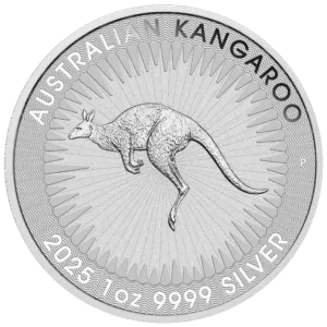 Silver coin featuring a jumping kangaroo design, inscribed with "Australian Kangaroo," "2025," "1 oz," and "9999 Silver," highlighting its purity and weight.