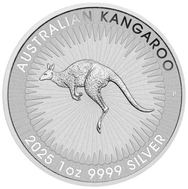 Silver coin featuring a jumping kangaroo design, inscribed with "Australian Kangaroo," "2025," "1 oz," and "9999 Silver," highlighting its purity and weight.