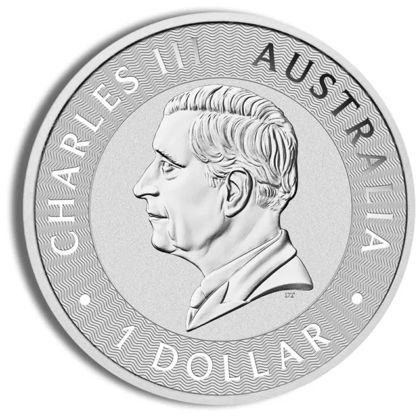 Silver Australian one dollar coin featuring the profile of Charles III, with inscriptions "CHARLES III" and "AUSTRALIA."
