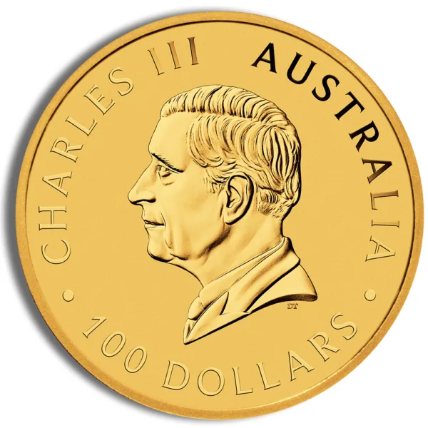 Gold coin featuring a profile of Charles III, inscribed with "Australia" and "100 Dollars," symbolizing Australian currency and royal heritage.
