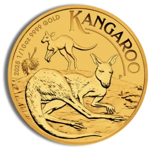 Gold Kangaroo coin featuring a detailed kangaroo design, minted in 2023 with a weight of 1/10 ounce and 99.99% purity.