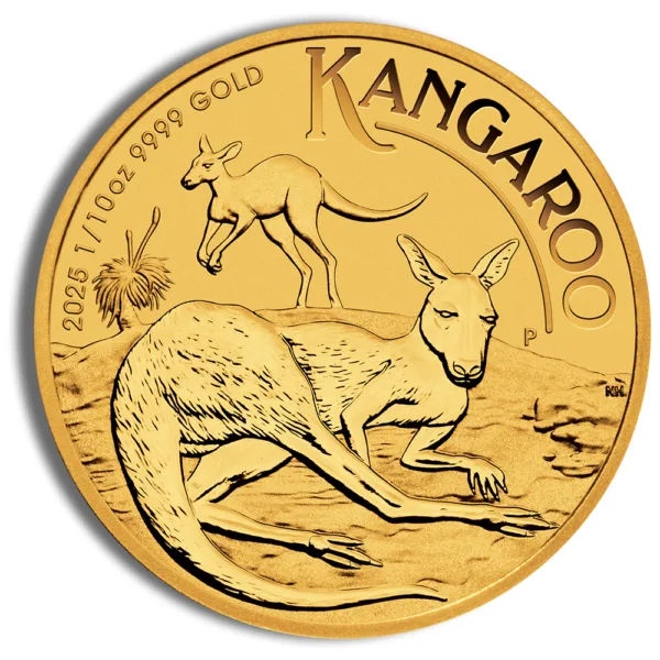 Gold Kangaroo coin featuring a detailed kangaroo design, minted in 2023 with a weight of 1/10 ounce and 99.99% purity.