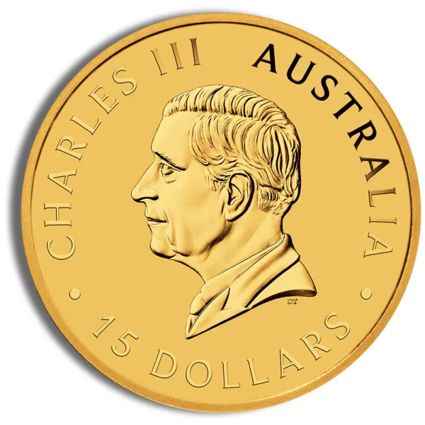 Gold coin featuring a profile of Charles III, labeled with "Australia" and "15 Dollars."