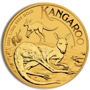 Gold Kangaroo coin featuring a detailed kangaroo design, minted in 1 ounce of 9999 pure gold, showcasing Australian wildlife and craftsmanship.