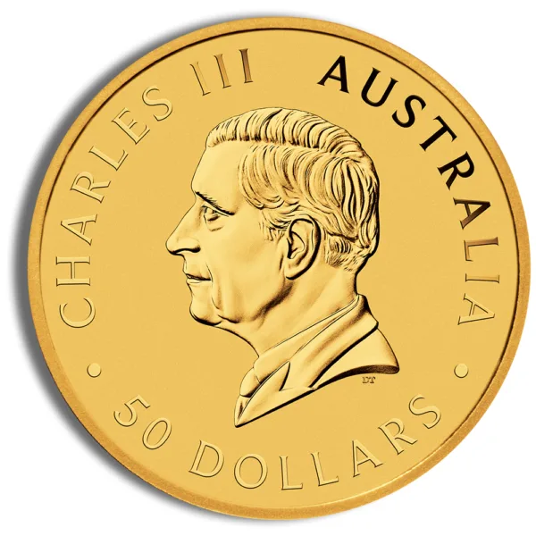 Gold coin featuring a profile of Charles III, inscribed with "AUSTRALIA" and denomination of "50 DOLLARS."