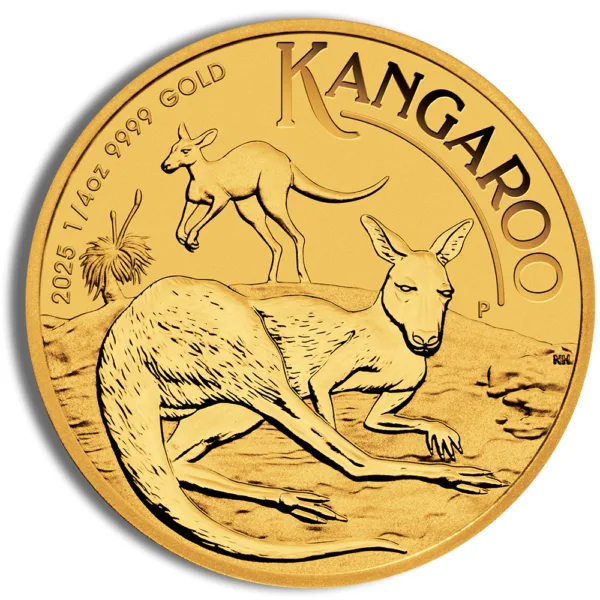 Gold Kangaroo coin featuring a detailed kangaroo design, minted in 2023, with inscriptions indicating its weight and purity. Ideal for collectors and investors in precious metals.