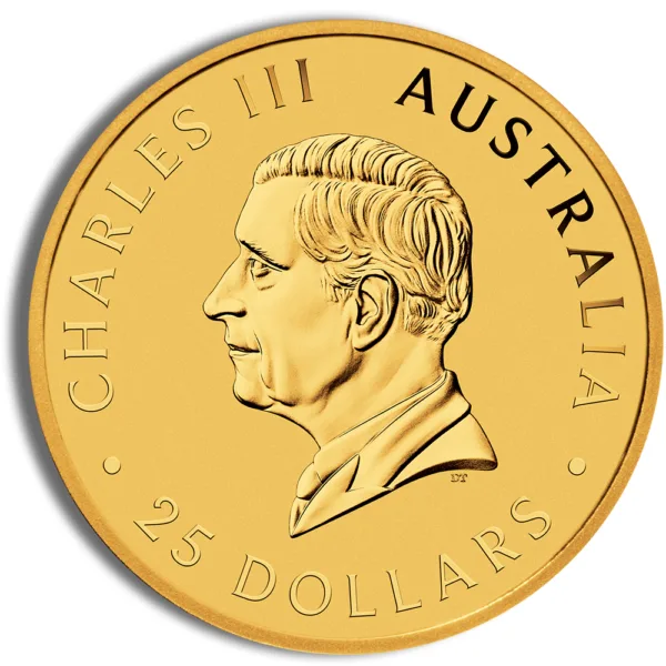 Gold coin featuring the profile of Charles III, inscribed with "Australia" and "25 Dollars," symbolizing Australian currency and royal heritage.