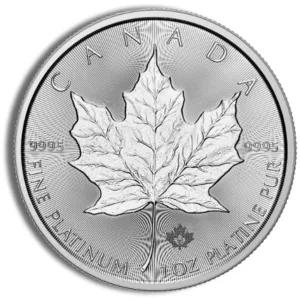 Canadian platinum coin featuring a detailed maple leaf design, marked with "CANADA" and "FINE PLATINUM" along the edges, produced in 1995.