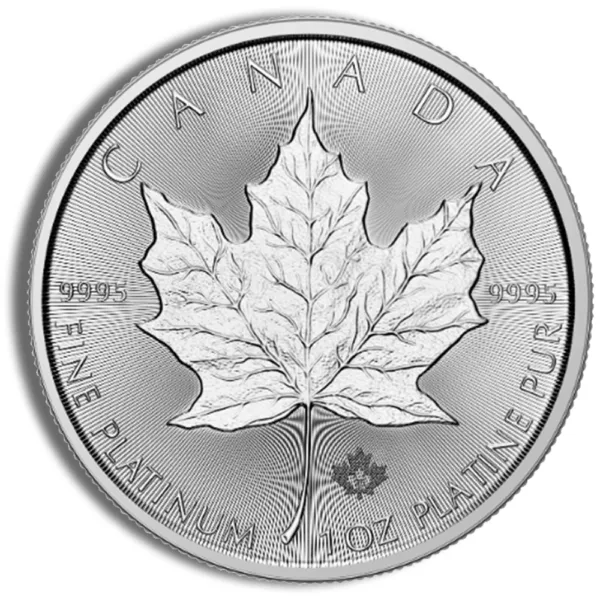 Canadian platinum coin featuring a detailed maple leaf design, marked with "CANADA" and "FINE PLATINUM" along the edges, produced in 1995.