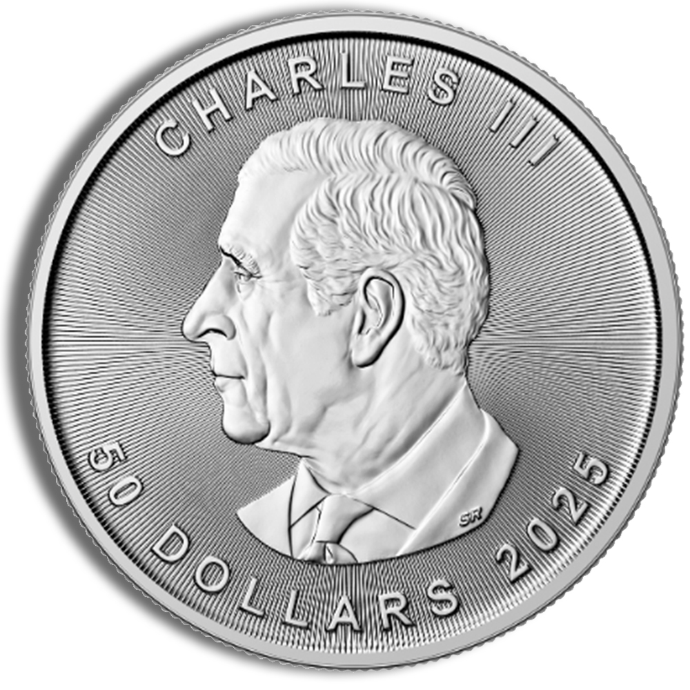 Silver coin featuring a profile of Charles III, inscribed with "50 DOLLARS 2025," symbolizing its value and year of minting.
