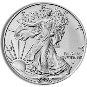 American Silver Eagle coin featuring a depiction of Lady Liberty walking with a branch, surrounded by rays of sunlight, with the year 2023 inscribed.