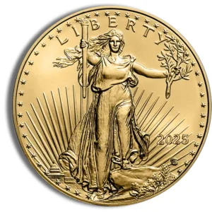 Gold American Eagle coin featuring the image of Lady Liberty holding a torch and an olive branch, with the word "LIBERTY" inscribed at the top.