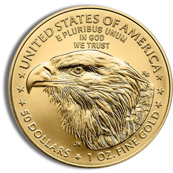 Gold American Eagle coin featuring a detailed eagle design, inscribed with "United States of America," "50 Dollars," and "1 Oz. Fine Gold." The coin symbolizes American heritage and is popular among collectors and investors.