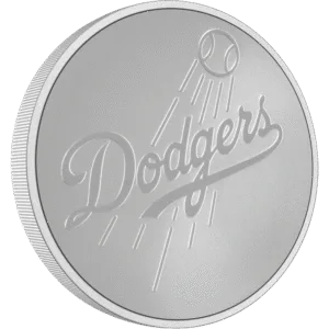 Silver commemorative coin featuring the Los Angeles Dodgers logo, showcasing the team name in cursive script with a baseball graphic above.