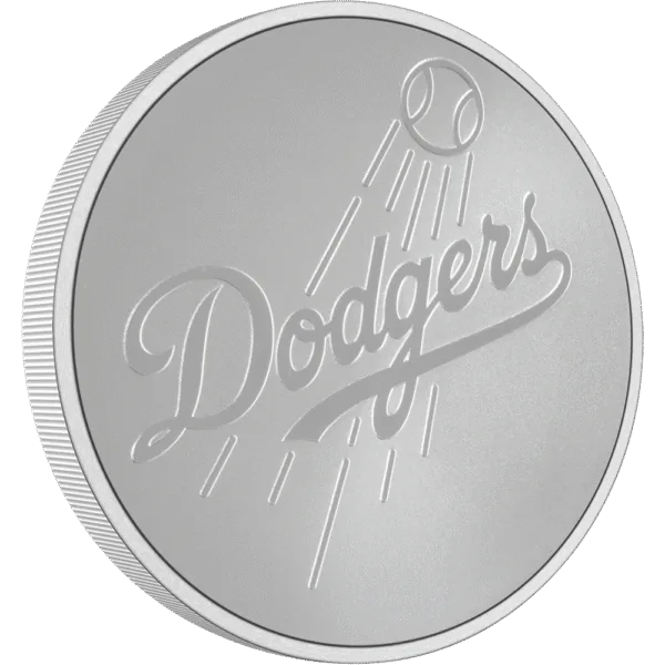 Silver commemorative coin featuring the Los Angeles Dodgers logo, showcasing the team name in cursive script with a baseball graphic above.