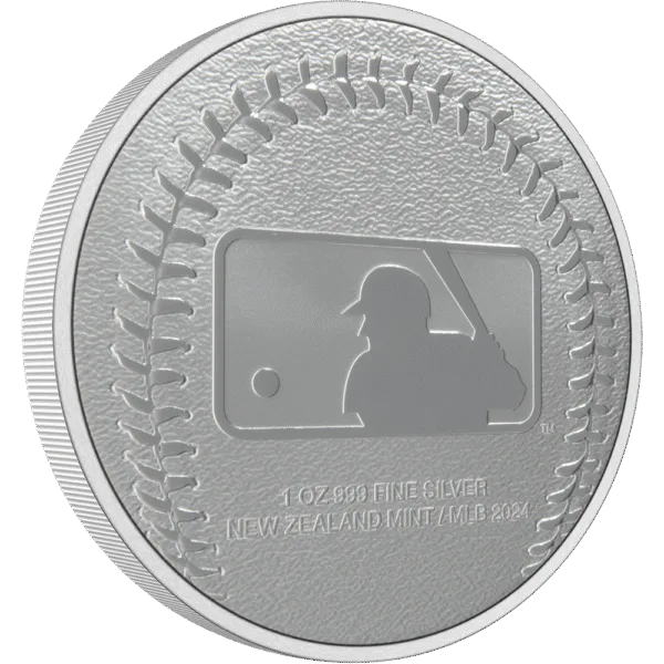 Silver commemorative coin featuring a baseball design and MLB logo, symbolizing Major League Baseball heritage and collectibles.