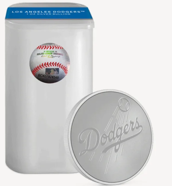 Los Angeles Dodgers commemorative baseball in a protective case, featuring a silver coin with the Dodgers logo, ideal for collectors and sports memorabilia enthusiasts.