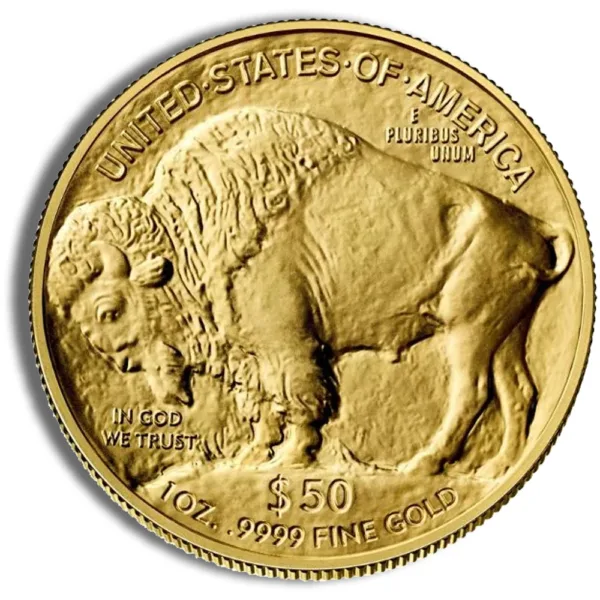 Gold American Buffalo coin featuring a bison design, marked with "United States of America" and "1 oz .9999 fine gold," valued at $50.