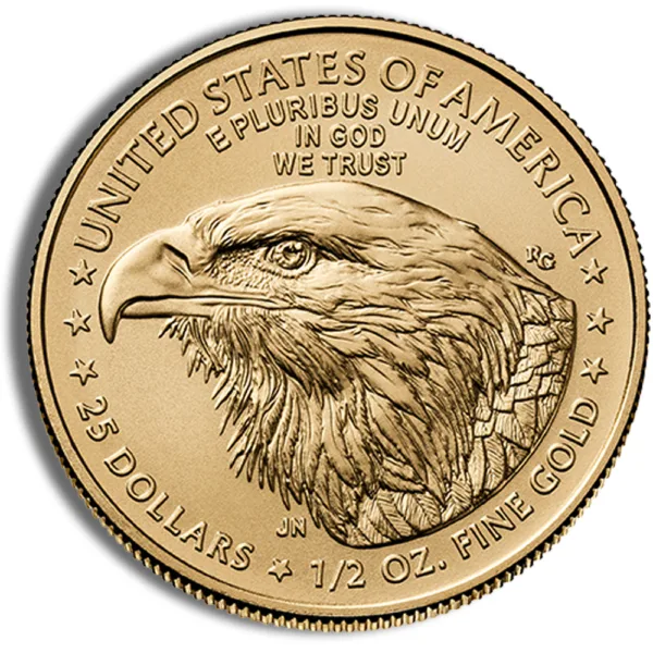 Gold American Eagle coin featuring an eagle's head design, with inscriptions including "United States of America," "E Pluribus Unum," "In God We Trust," and details indicating it is a 25-dollar coin weighing 1/2 oz of fine gold.