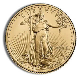 Gold American Eagle coin featuring Lady Liberty holding a torch and olive branch, minted in 2004, showcasing intricate details and a radiant finish.