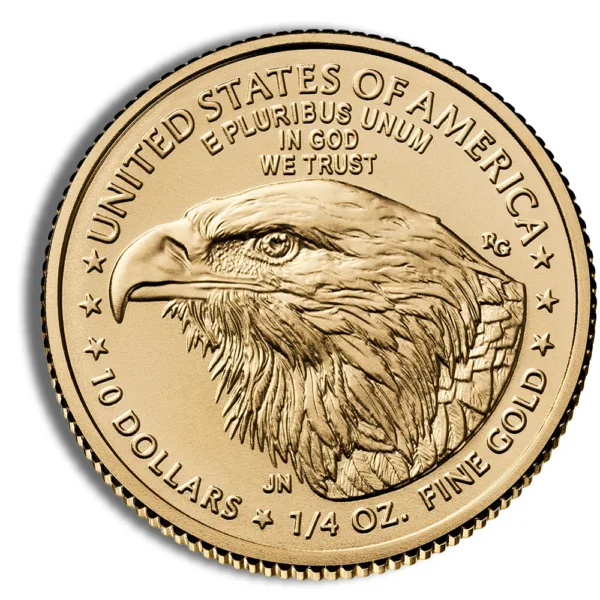 Gold coin featuring an eagle design, inscribed with "United States of America," "10 Dollars," and "1/4 oz. Fine Gold."