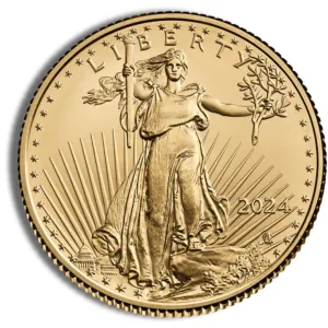Gold American Eagle coin featuring the iconic Liberty design, dated 2024, with rays of sunlight emanating behind the figure of Liberty holding a torch and olive branch, symbolizing freedom and peace.